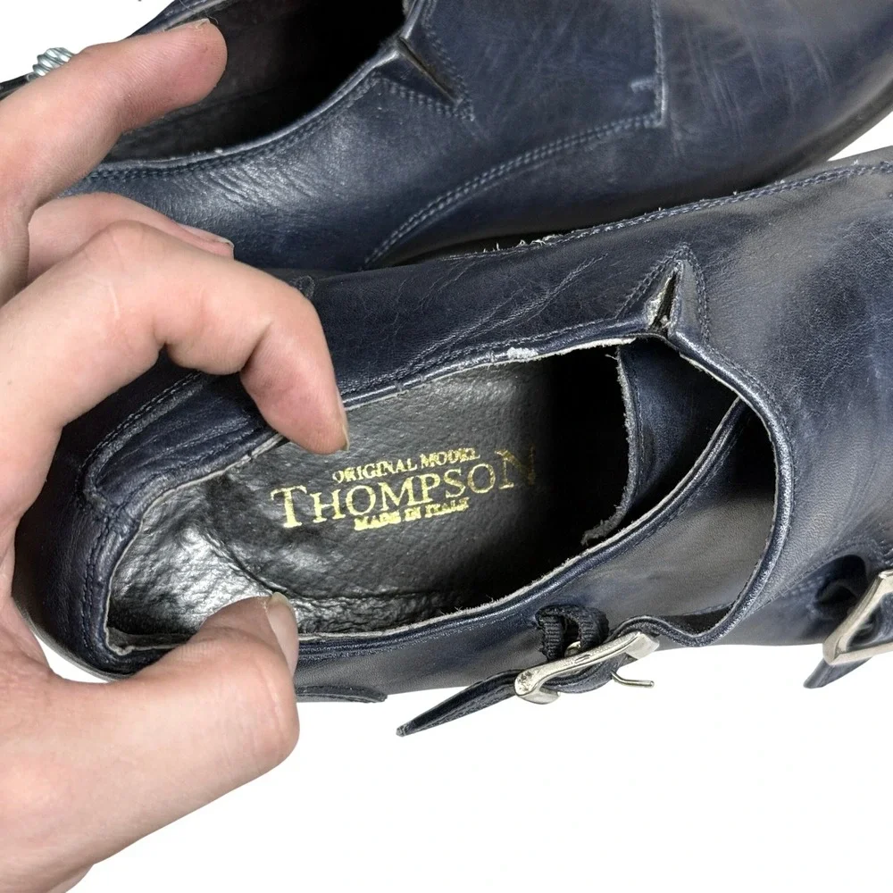 Thompson Double Monk Strap Shoes Mens 42 Navy Blue Leather Blake Italy 6713